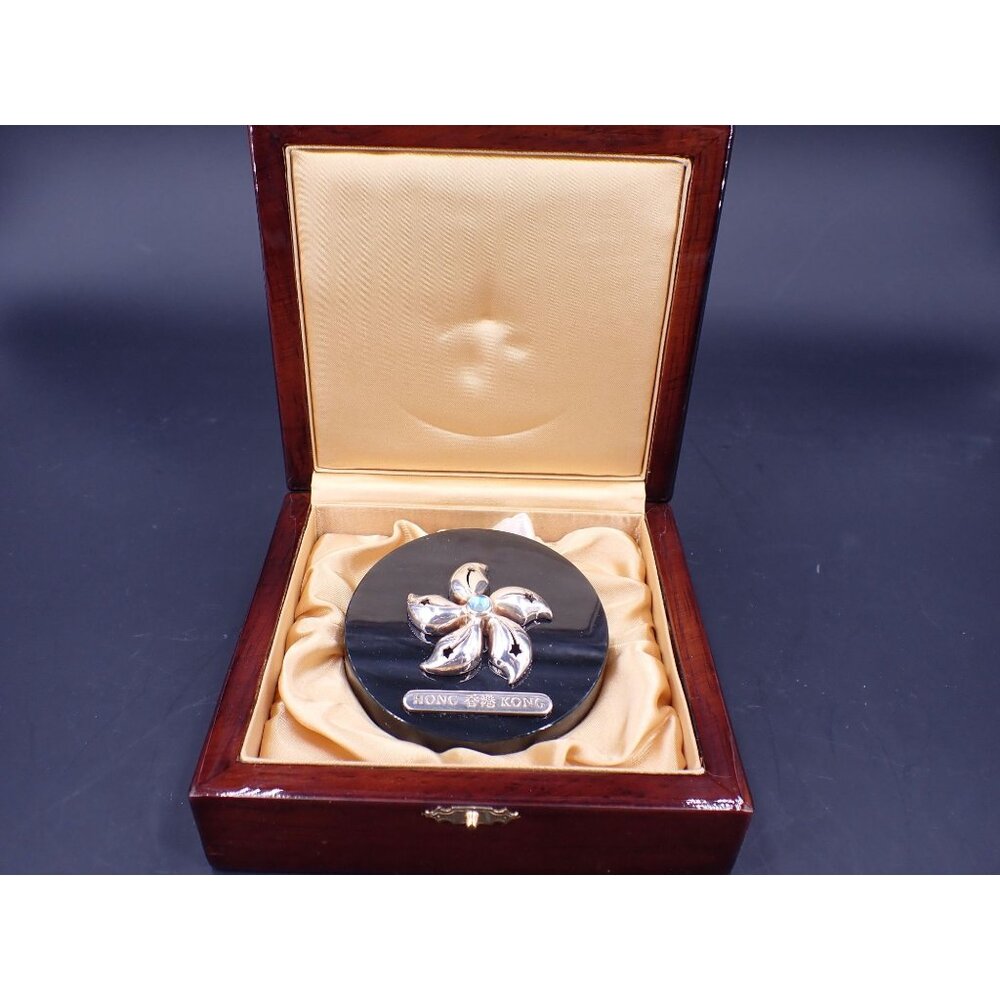 Sterling Bauhinia Flower with Blue Topaz Gem on Obsidian Base Paperweight